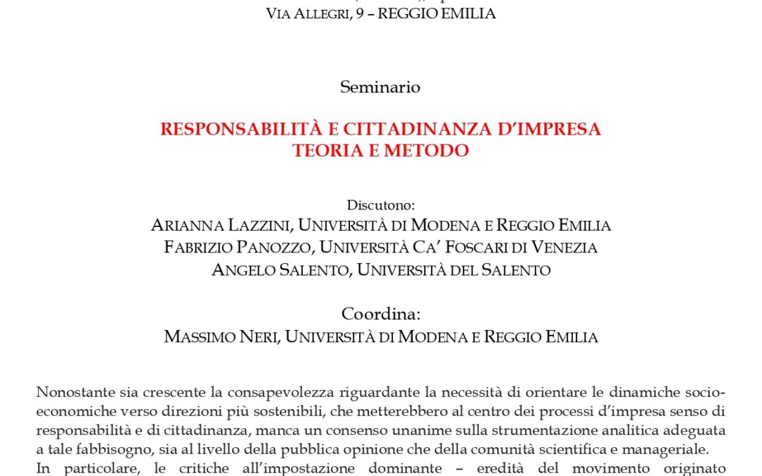 RESPONSABILITÀ E CITTADINANZA D’IMPRESA. TEORIA E METODO